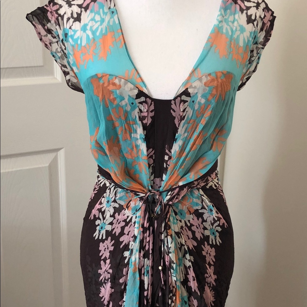 Diane Von Furstenberg Teal Orange Brown Floral Tie-Front Midi Dress